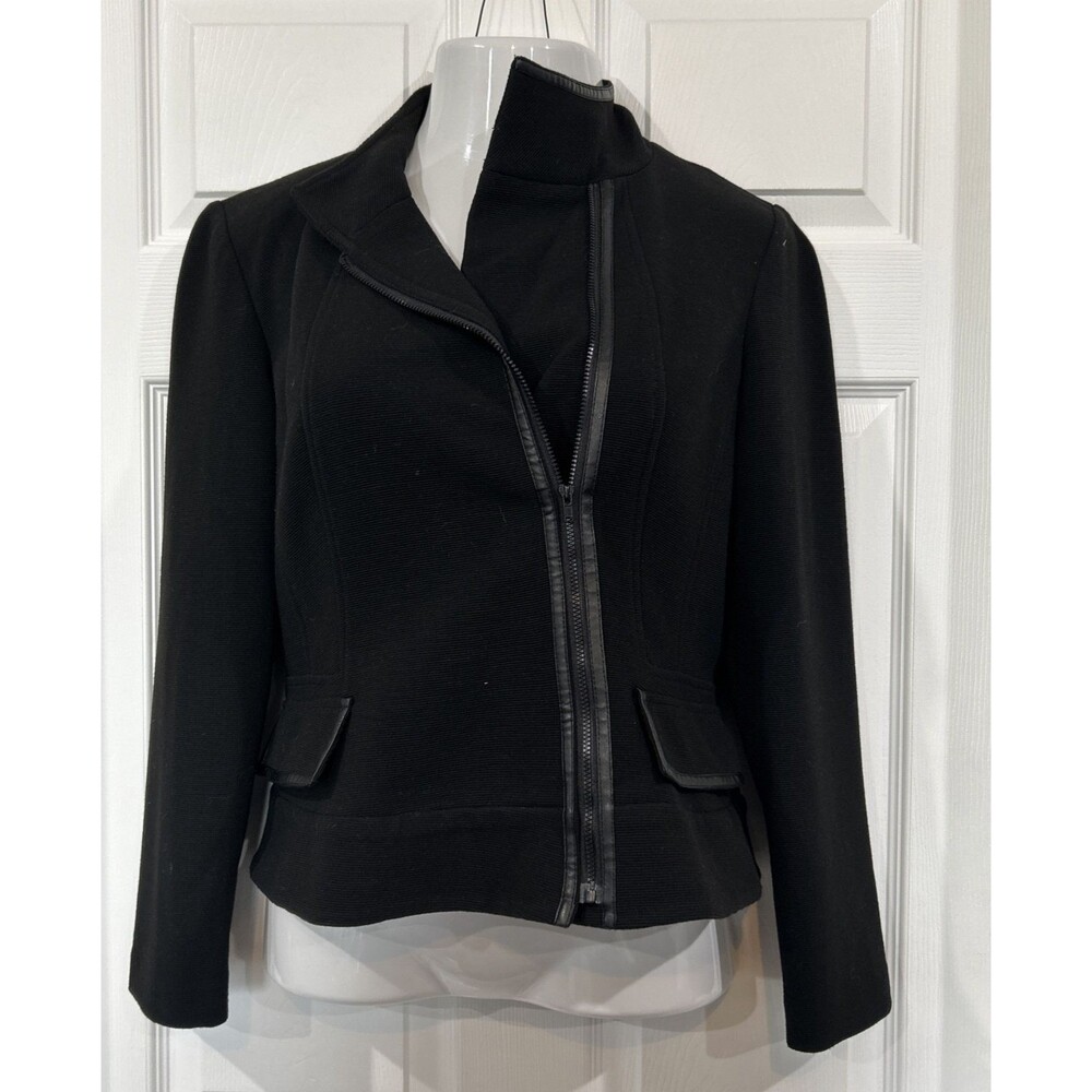Vintage 1980s Style Julian Taylor Zip Jacket Leather Look Trim Black Ribbed 8